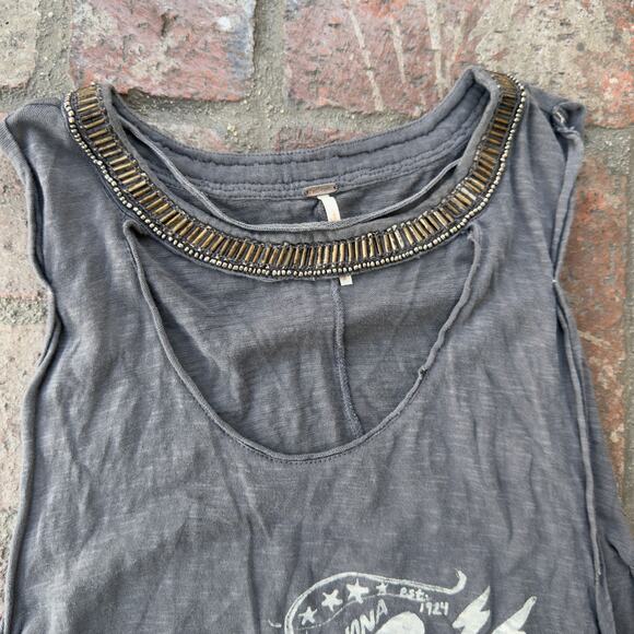 Free People Beaded Sleeveless T-Shirt Tank Gray Distressed Motorcycle USA Size S - Picture 2 of 6